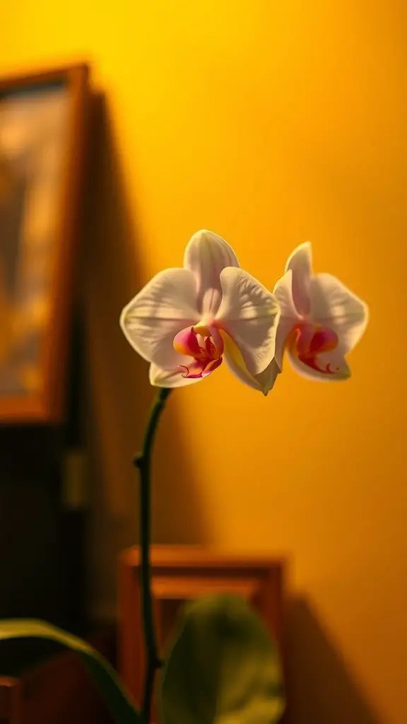 21 Low Light Indoor Plants for Cozy Spaces 26 A Moth Orchid (Phalaenopsis) with white petals and pink details, set against a warm yellow background.