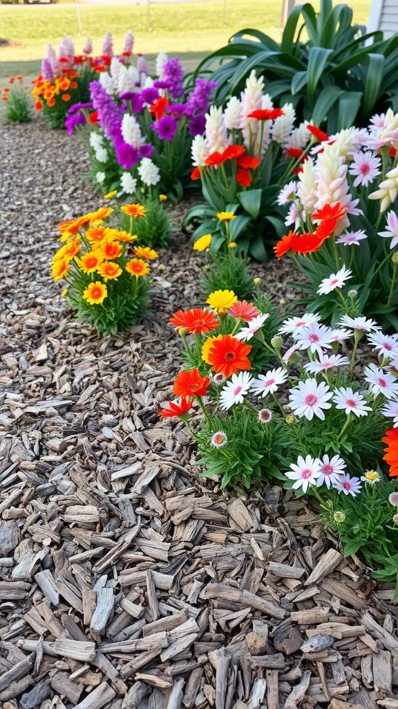 A colorful array of flowers bordered by mulch in a garden setting