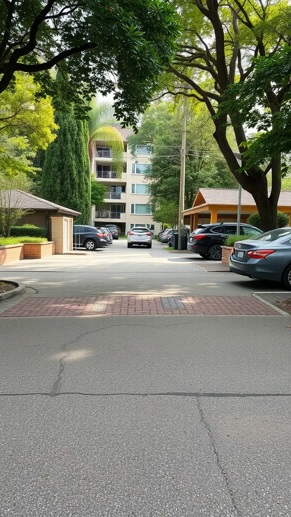 19 Creative Driveway Ideas to Enhance Your Curb Appeal 14 A multi-functional driveway design with trees, parked cars, and a mix of asphalt and brick pavers.