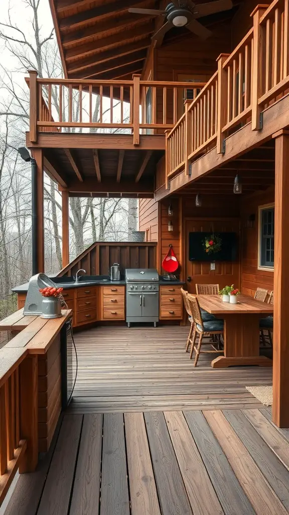 35 Creative Backyard Kitchen Ideas for Outdoor Cooking Enthusiasts 16 A multi-level wooden deck featuring a cooking area with modern appliances and a dining table, surrounded by trees.
