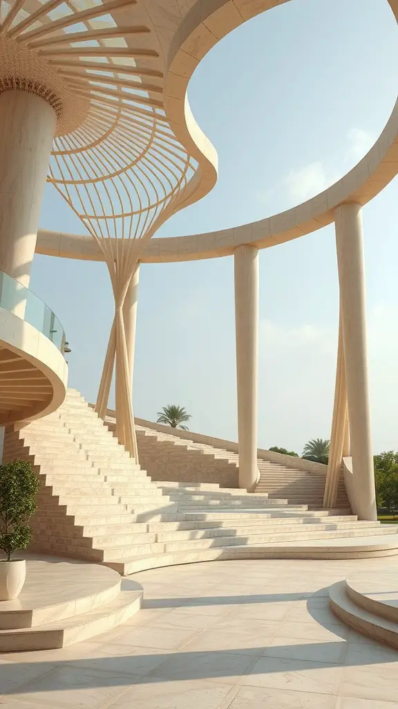 A modern multi-level pavilion structure with elegant stairs and a unique canopy design