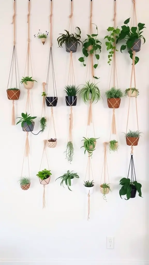 13 Creative Wall Macrame Plant Hanger Ideas for Your Home Decor 6 A wall grid displaying various hanging plants in macrame holders.