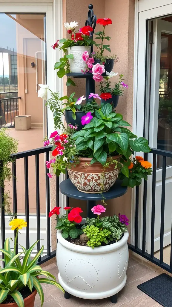 A multi-tiered plant stand displaying various colorful flowers and green plants.