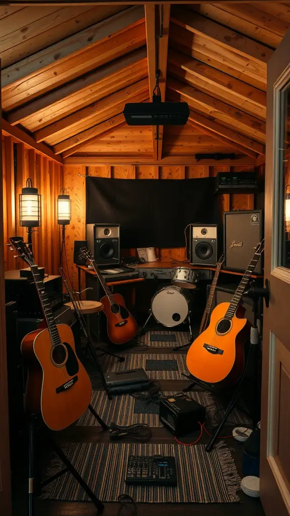 37 Creative Backyard Shed Ideas for Every Style 30 Interior of a music studio shed featuring guitars, a drum set, and sound equipment.