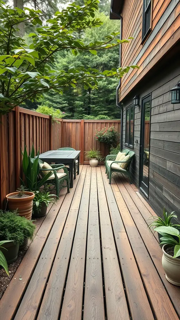 A narrow side yard with wooden decking, seating, and plants.