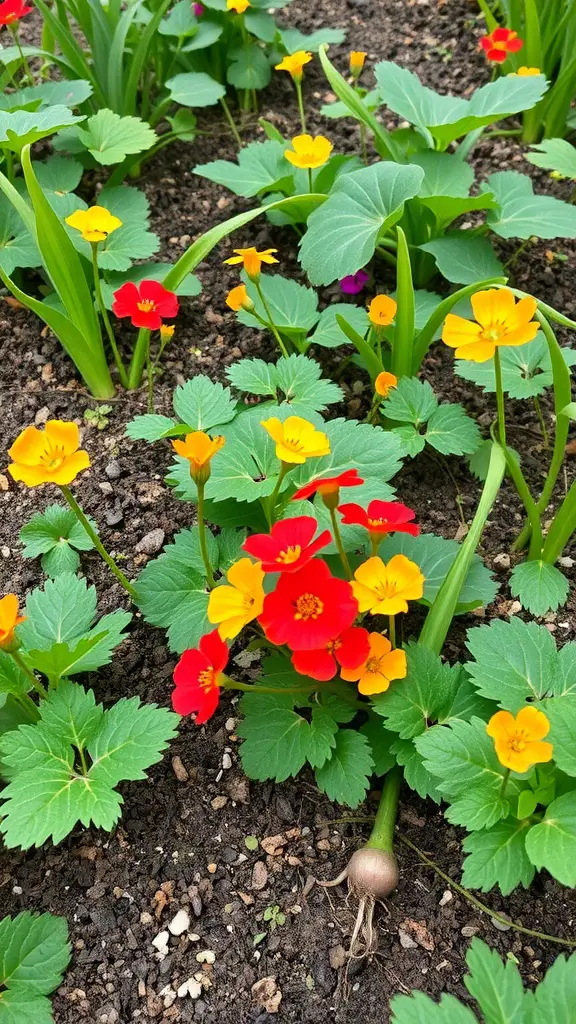29 Perfect Herb Combinations for Your Garden 23 Close-up of nasturtium flowers in red and yellow, with green leaves and radishes peeking from the soil.