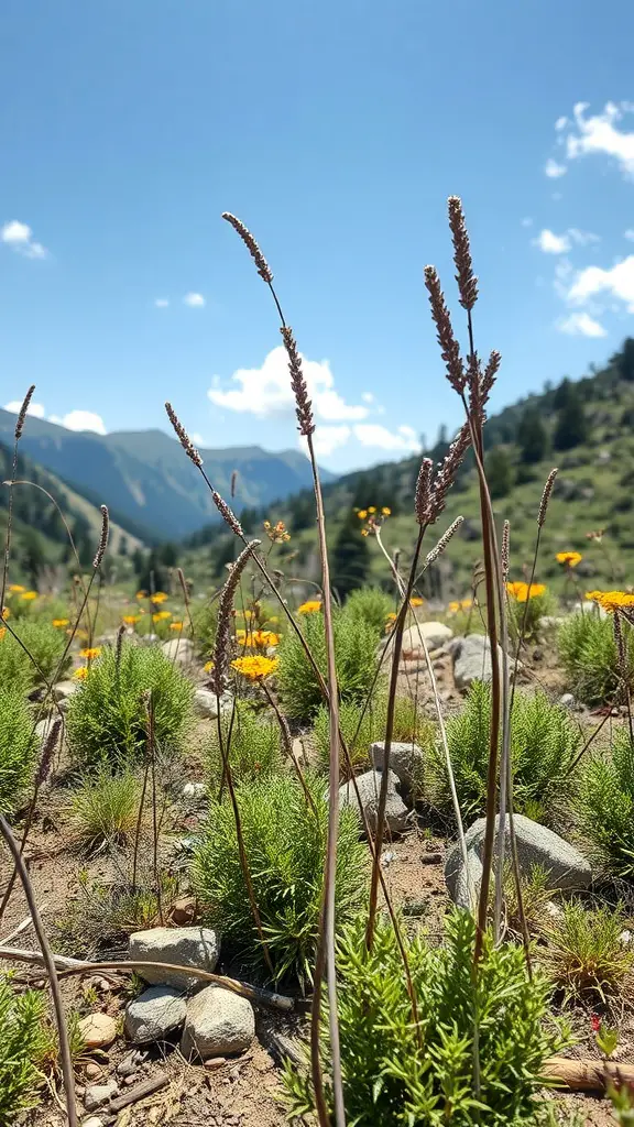 Landscape featuring native plants, including tall grass-like stems and yellow flowers, with mountains in the background.