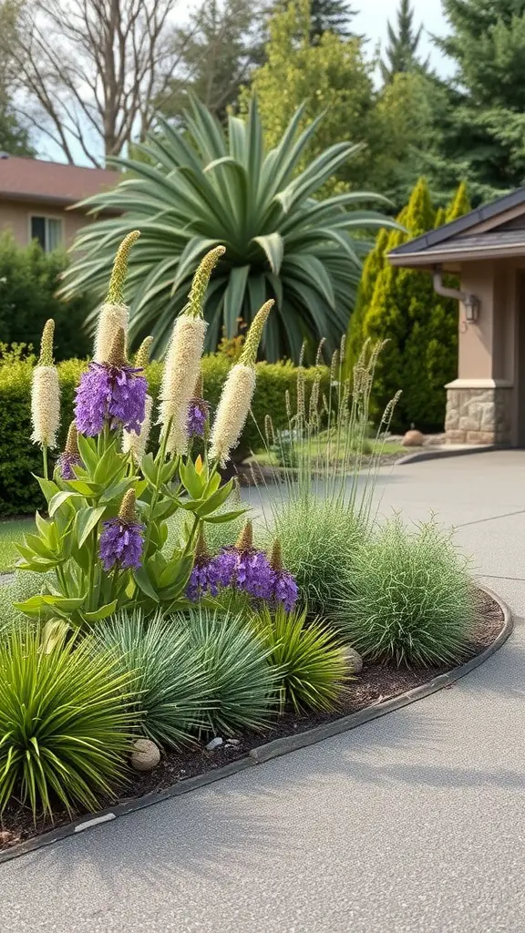 Colorful native plants arranged along a driveway, featuring purple flowers and green foliage