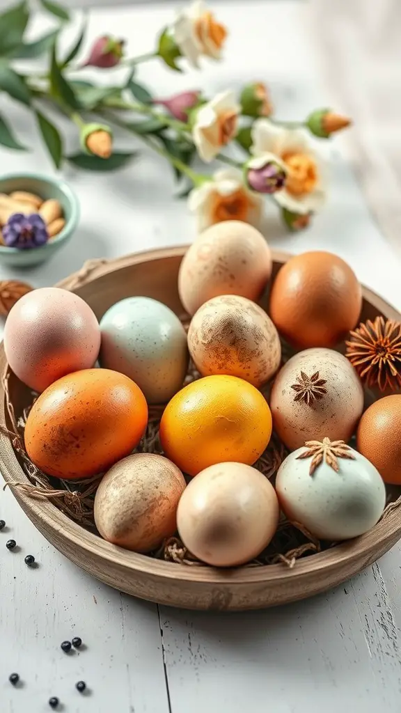 A rustic bowl filled with naturally dyed Easter eggs in various colors, surrounded by flowers and a small bowl of nuts.