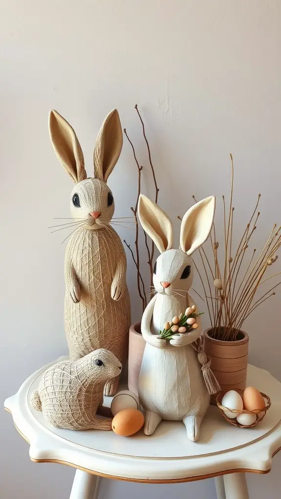 Decorative bunnies and eggs arranged on a table with dried flowers.