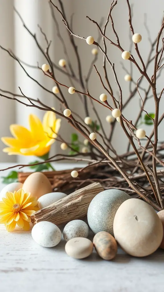 An arrangement of natural elements for Easter decor, featuring twigs, stones, eggs, and a yellow flower.