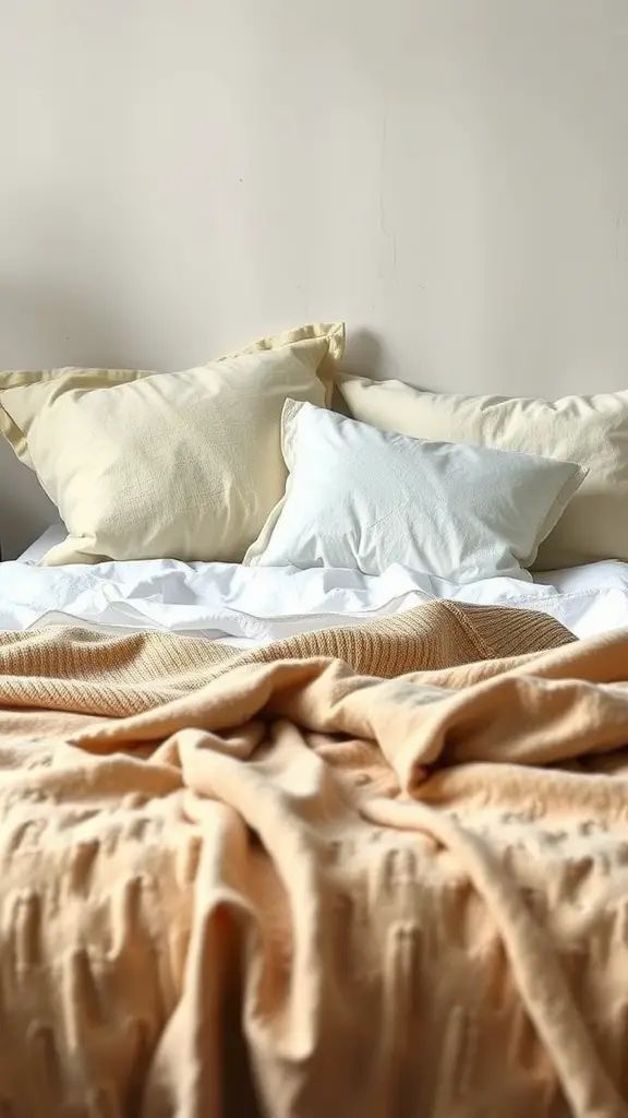 A close-up of a bed featuring natural fiber bedding with various pillow colors and textures.