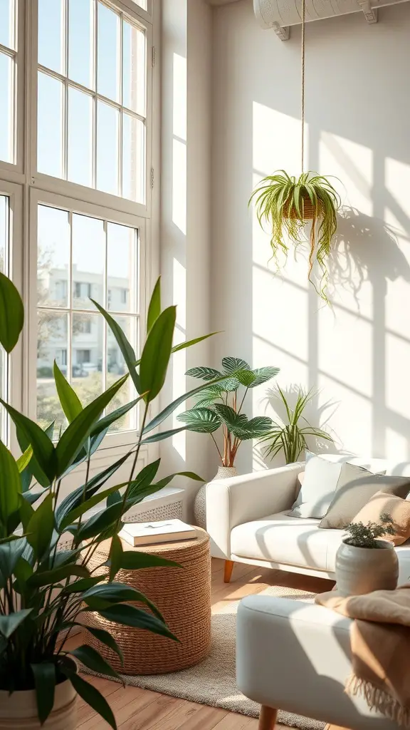 A cozy room with large windows allowing natural light, featuring plants and a comfortable couch.