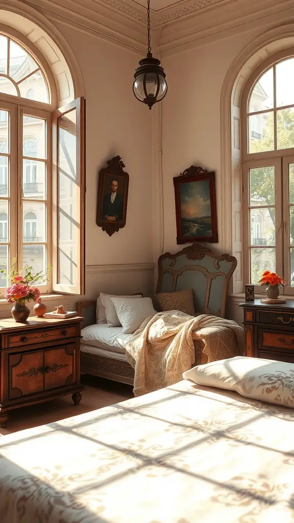 A vintage bedroom with large windows allowing natural light to illuminate the space, featuring wooden furniture and cozy bedding.