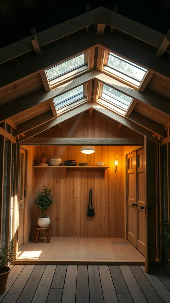 27 Stunning Garden Shed Interiors to Inspire Your Outdoor Space 16 Interior of a garden shed with skylights and wooden walls, featuring plants and a cozy design.