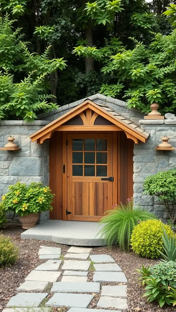 23 Stunning Garden Shed Exterior Ideas to Transform Your Backyard 13 A garden shed made of natural stone and wood with a wooden door, surrounded by lush greenery and a stone pathway.