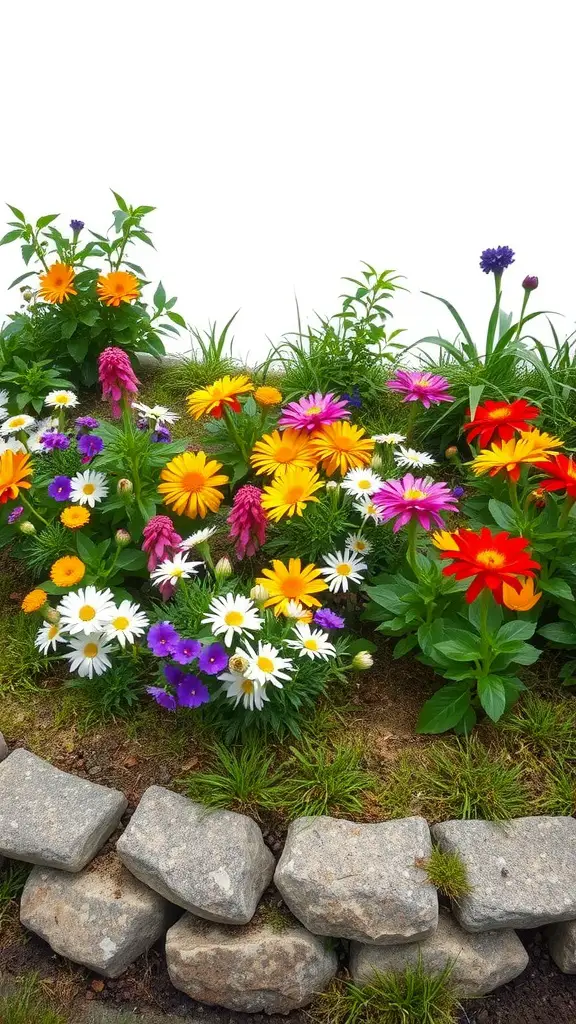 A flowerbed featuring colorful flowers bordered by natural stones.