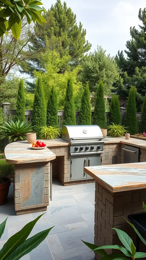 35 Creative Backyard Kitchen Ideas for Outdoor Cooking Enthusiasts 11 An outdoor kitchen featuring natural stone countertops with a grill and surrounded by greenery