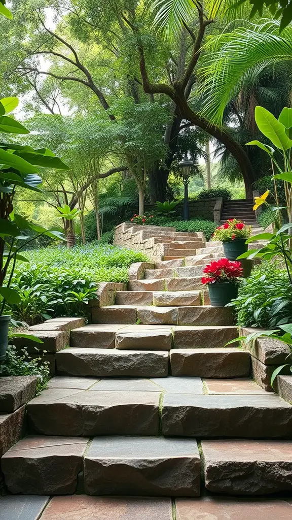 31 Creative Garden Walkway Ideas for Your Outdoor Space 23 Natural stone steps surrounded by lush greenery and flowers, leading to a serene garden.
