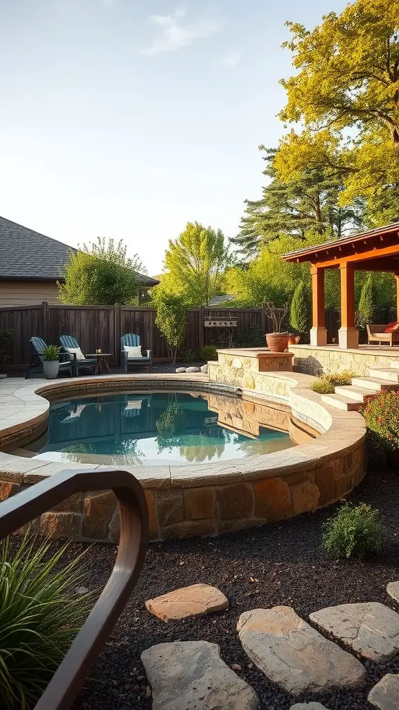 33 Creative Backyard Pool and Patio Ideas for Your Dream Outdoor Space 29 A backyard pool with natural stone surrounds, featuring a cozy patio area and lush greenery.