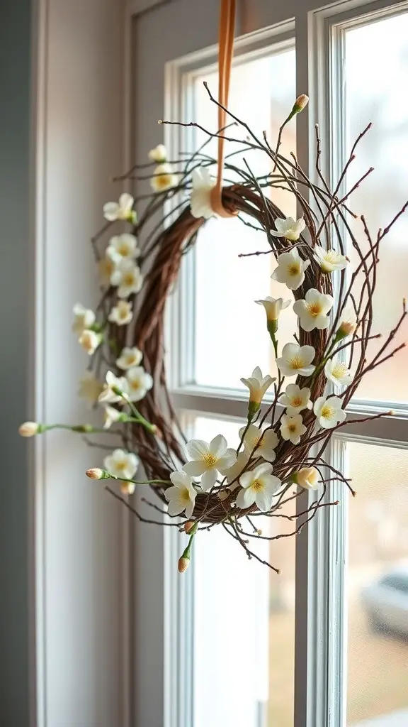 A natural twig wreath adorned with white flowers, hanging in front of a window.