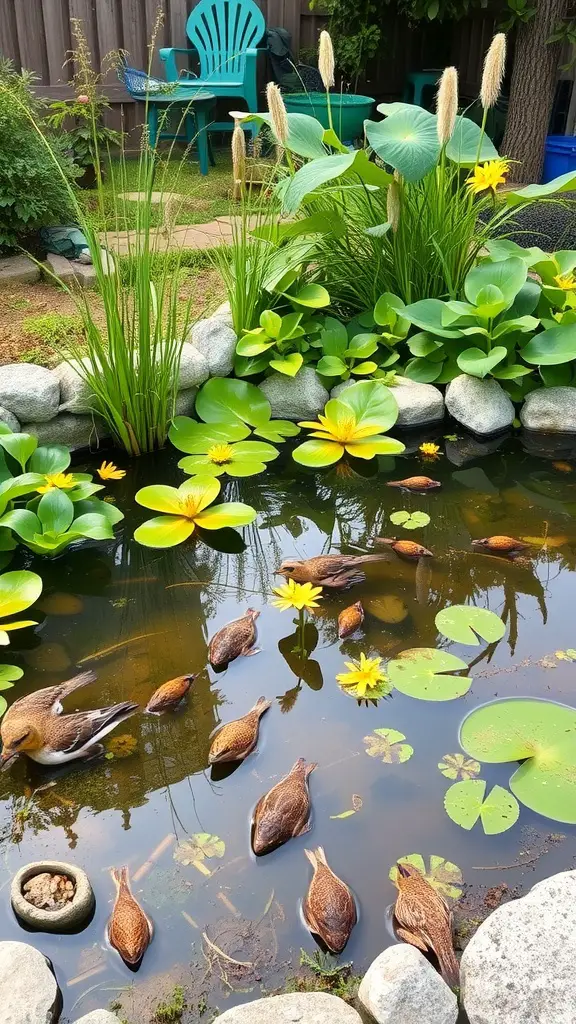 A lush backyard pond with fish and water lilies, surrounded by green plants and chairs in the background.