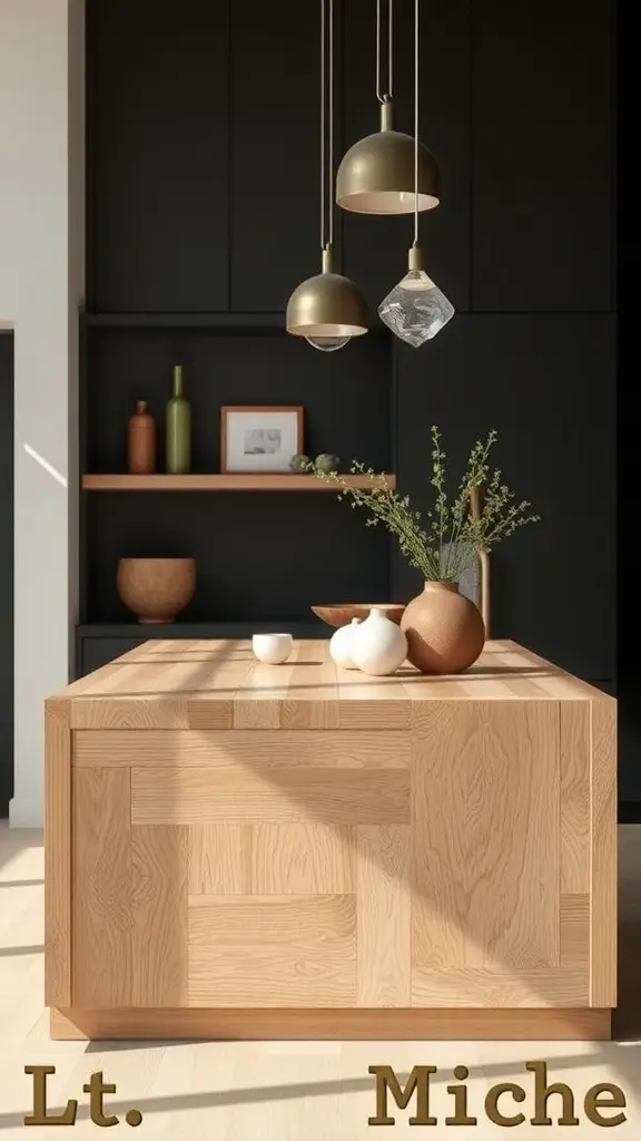 A modern kitchen island made of natural wood, surrounded by plants and decorative pieces.