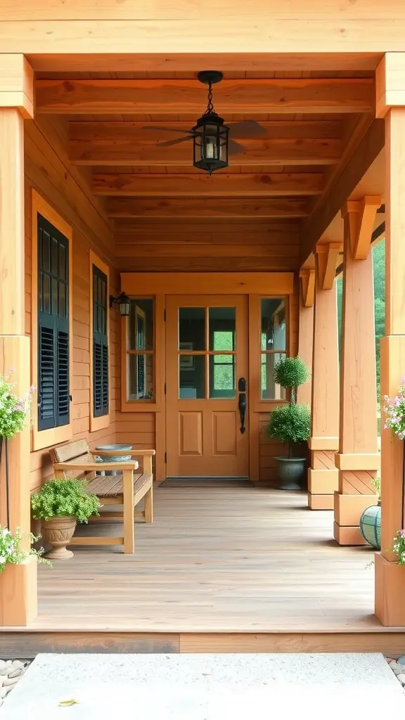 21 Creative Outdoor Front Porch Ideas for a Cozy Welcome 15 A wooden front porch featuring a cozy bench, potted plants, and a decorative lantern, surrounded by warm wooden walls and ceiling.