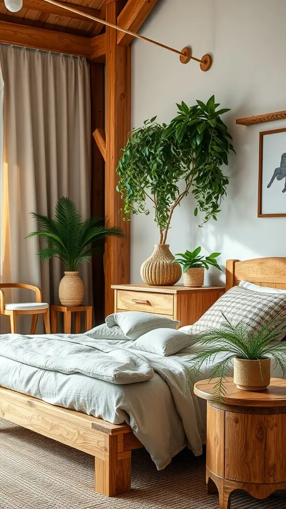 A cozy bedroom featuring natural wood furniture, green plants, and soft lighting.