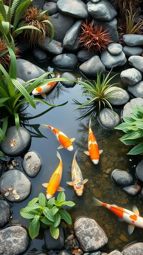 A serene koi pond with orange and white koi fish, surrounded by smooth stones and lush green plants.