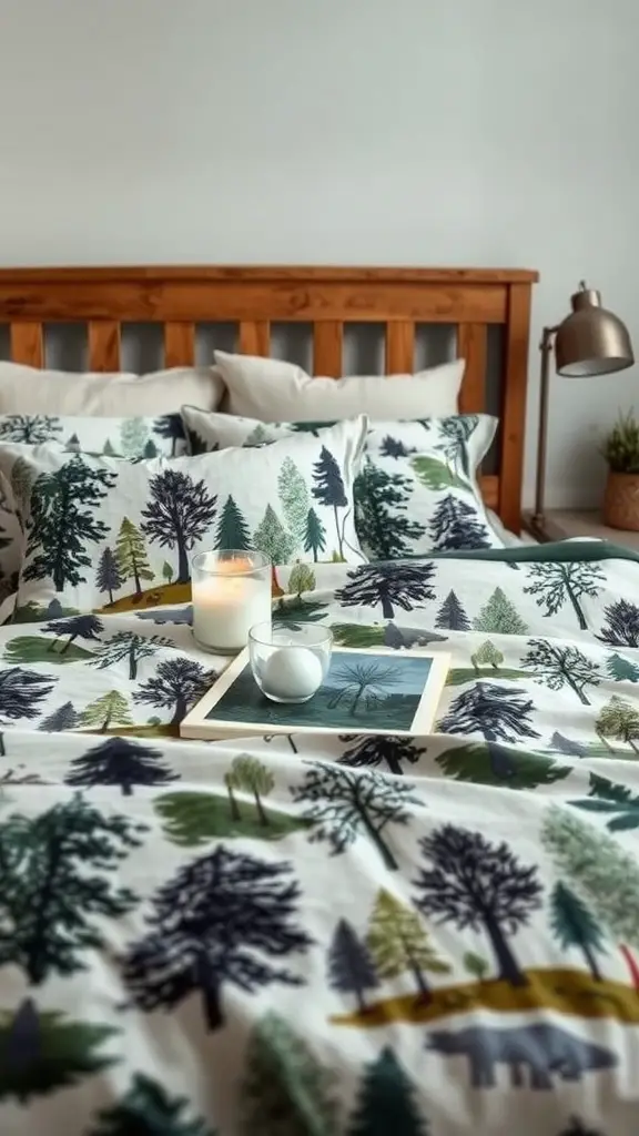 A cozy bedroom featuring nature-inspired bedding with forest patterns, a wooden bed frame, and decorative pillows.