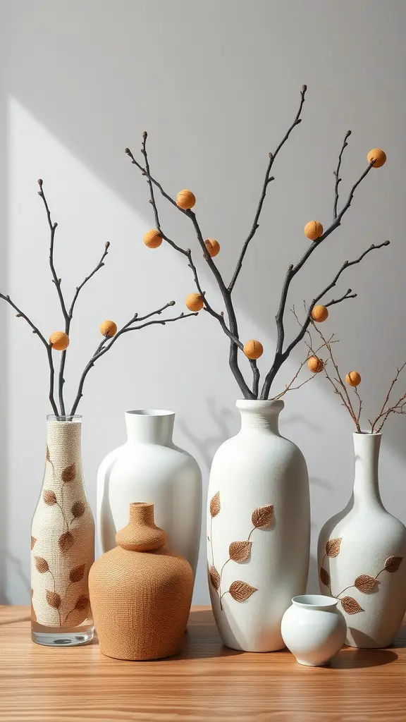 A collection of decorative vases with natural leaf patterns and branches.