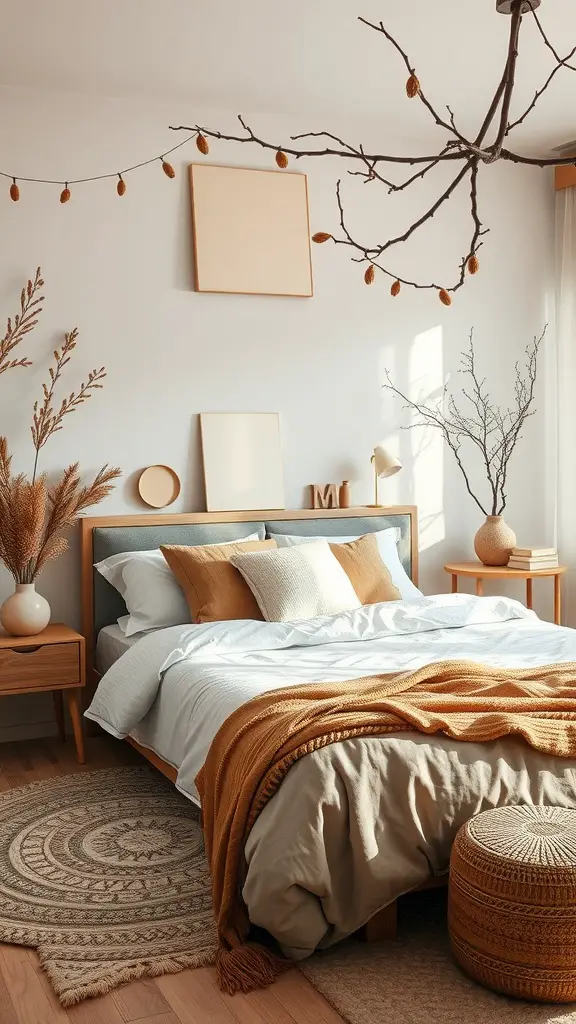 A cozy bedroom featuring nature-inspired decor with earthy tones and organic elements.