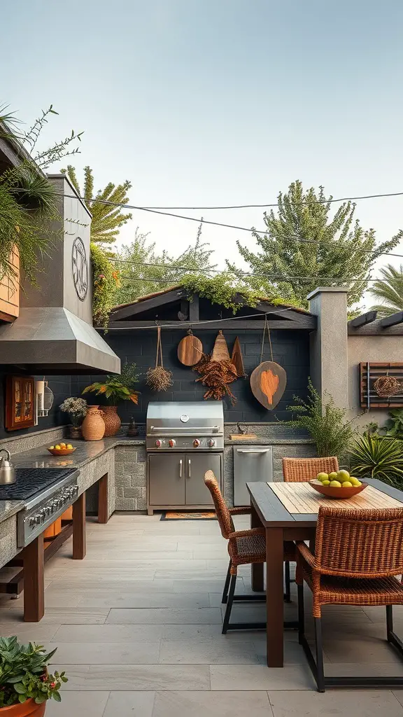 35 Creative Backyard Kitchen Ideas for Outdoor Cooking Enthusiasts 39 An outdoor kitchen featuring a grill, wooden table, and various plants, creating a nature-inspired decor.