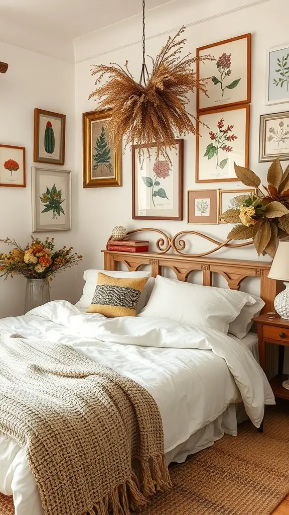 A cozy vintage bedroom featuring botanical prints, a woven throw, and a unique light fixture.