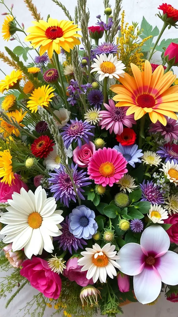 25 Beautiful Cut Flower Garden Ideas to Brighten Your Home 28 A vibrant floral arrangement featuring a variety of colorful flowers including daisies, roses, and sunflowers.