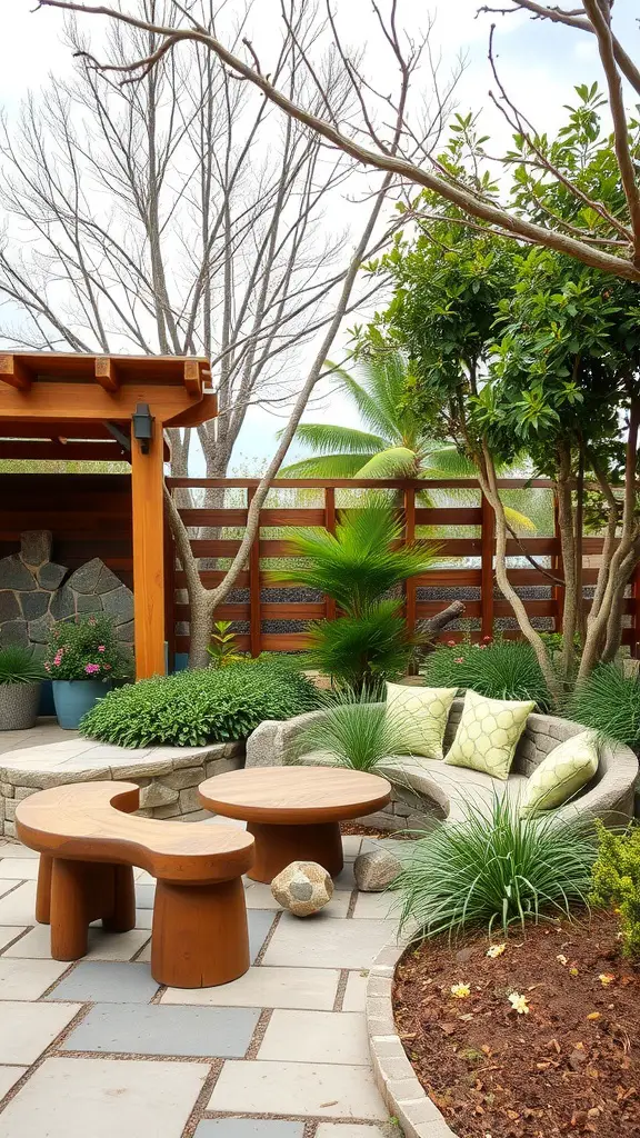 A serene outdoor seating area with wooden tables, stone seating, and lush greenery.