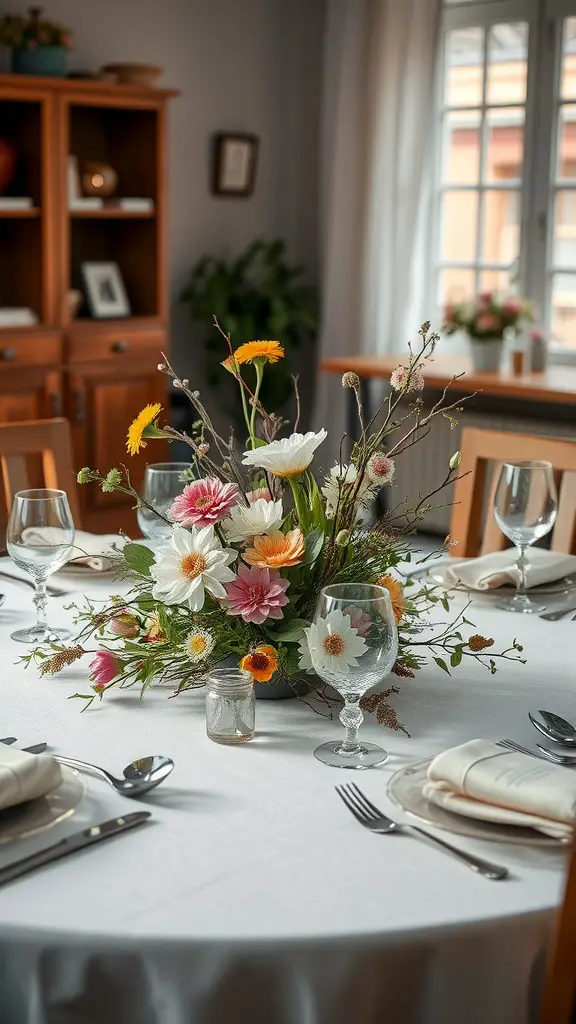 A table set with a white tablecloth, featuring a colorful flower centerpiece and elegant dining ware.