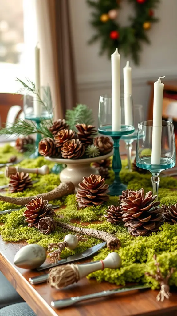 A nature-inspired spring table decor with pine cones, moss, and candles.