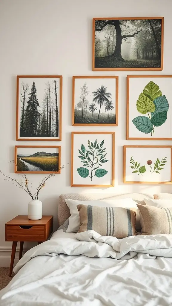 A cozy forestcore bedroom with nature-themed wall art featuring trees, leaves, and landscapes.