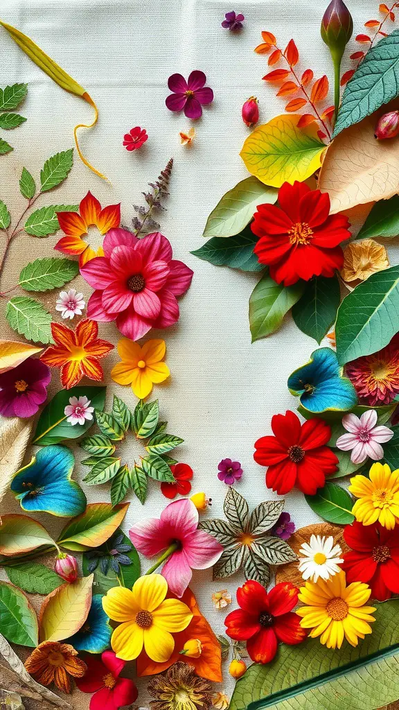 Colorful arrangement of leaves and flowers in a collage.