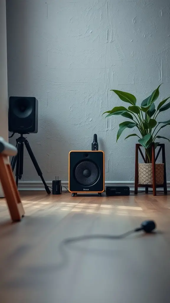 A cozy indoor space featuring speakers and a plant, suggesting nature sounds integration.