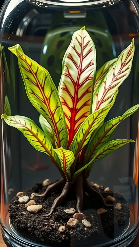 21 Low Light Indoor Plants for Cozy Spaces 18 A Nerve Plant (Fittonia) displayed in a glass container, showcasing its vibrant green leaves with white veins against dark soil.
