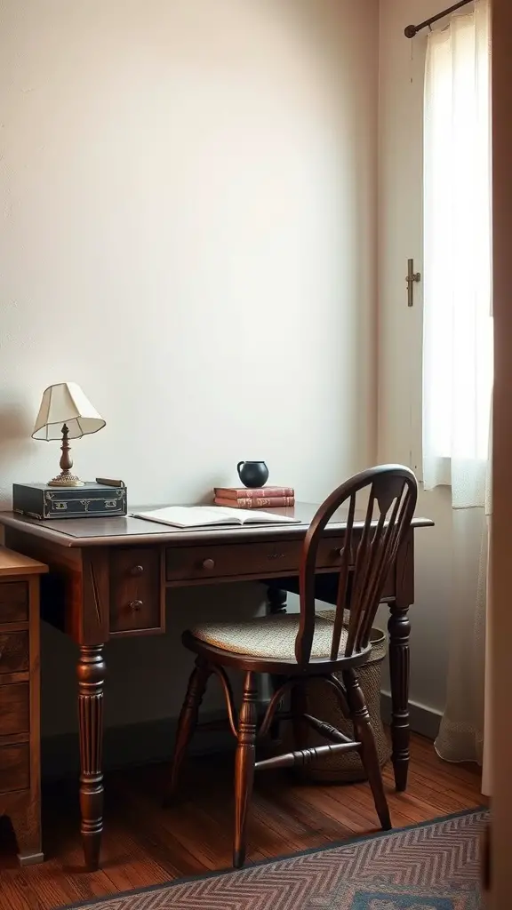 A vintage wooden writing desk with a chair, books, and a lamp, in a softly lit room