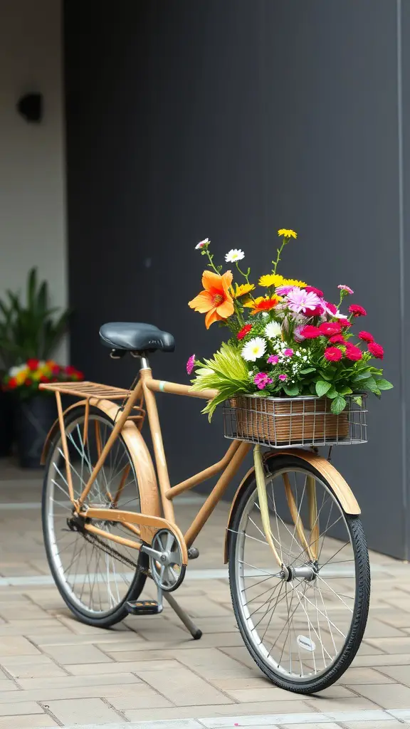 A vintage bicycle turned into a flower planter with colorful flowers in the basket.