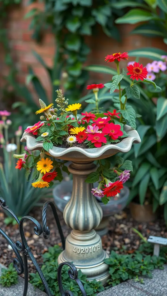 An old birdbath filled with colorful flowers in a garden