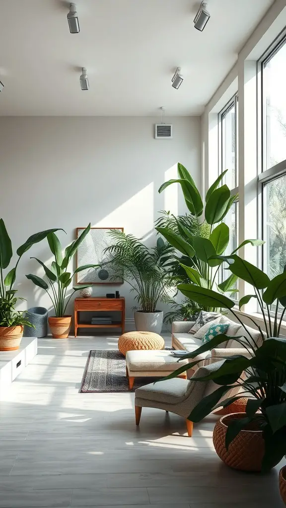 Open space room with large windows, plants, and light furniture