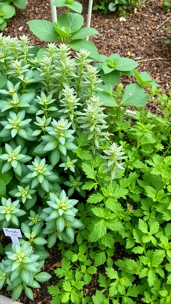 29 Perfect Herb Combinations for Your Garden 14 A close-up image showing oregano and marjoram plants growing together in a garden.