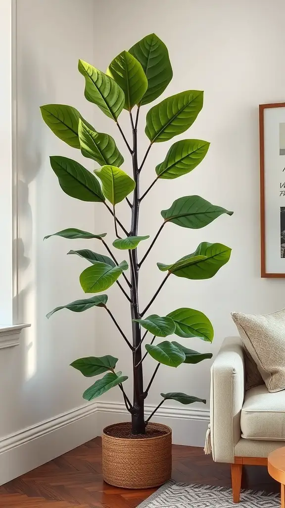 19 Beautiful Indoor Plants to Grow in Your Home 6 A tall Ornamental Fiddle Leaf Fig in a stylish pot, showcasing large green leaves in a bright room.