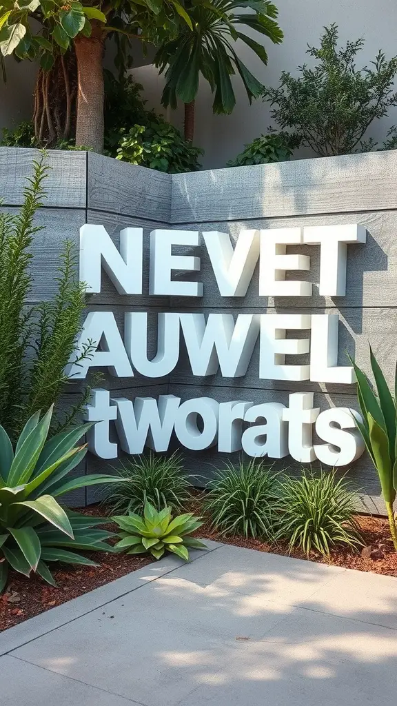 27 Creative Corner Landscaping Ideas for Your Garden 18 An outdoor art installation featuring large, bold letters set against lush greenery and a textured background.
